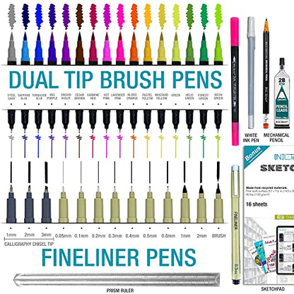 NIL - TECH Professional Artist Drawing Pens Set (36 Pcs) - 16 Dual Brush Markers, 10 Archival Fineliners, 3 Calligraphy Pens, White Gel Pen & Sketchbook - Waterproof Ink for Sketching & Lettering