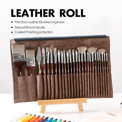 Paint Brushes, 25 Pieces Expert Synthetic Nylon Bristles Paint Brush Set with Suede Leather Roll with Palette Knife