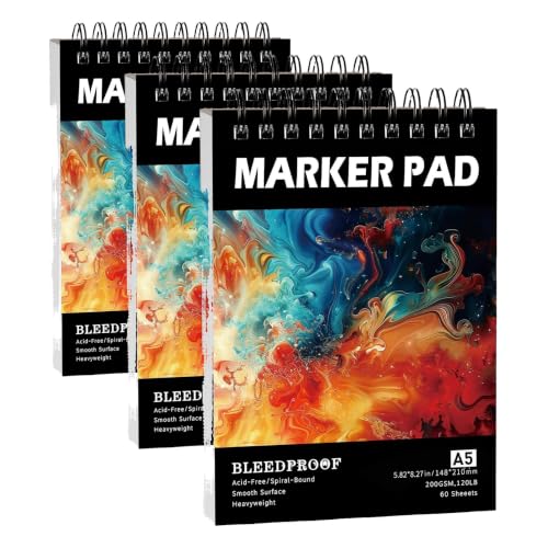 60 Sheets Marker Paper Pad, A5(5.8"x8.3") Alcohol Marker Paper Sketch Pad, 120lb/200gsm Heavyweight Spiral Sketch Book, Painting Coloring Drawing Paper for Kids Beginners Artists (Pack of 3) - size: 5.8×8.3 Inch (60 Sheets ) (Pack of 3)
