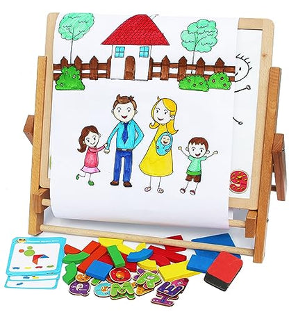 TOWO Wooden Easel for Kids, Foldable Double-Sided Magnetic Board | Includes magnetic letters, numbers, shapes and paper roll; tabletop art easel for drawing, learning and creative play. - color: Easel