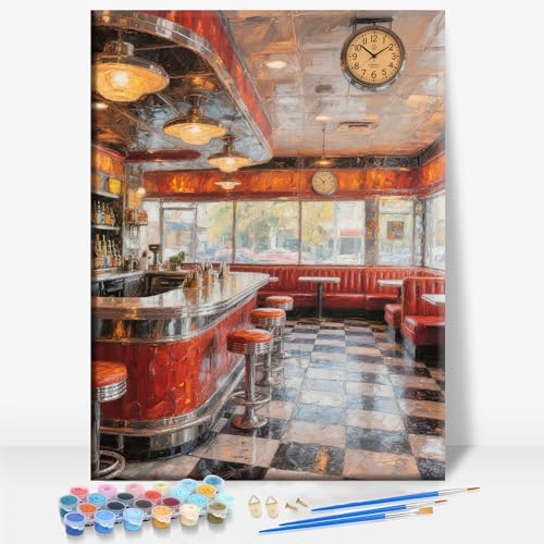 Aeontinity American Diner Space Framed Canvas DIY Paint by Numbers Kit Bar Cafe Cave Home Room Wall Bathroom Porch Patio Decor Gift, 16 x 12 Inch - color: AMERICAN DINER