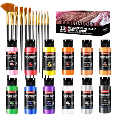 Fantastory 60ml 12 Colors Metallic Acrylic Paint Set with 12 Brushes | Balanced Series, Color-Shifting, Perfect for Metal, Canvas, Rock, Stone, Ceramic, Model, Wood Painting - style: 12 Balanced Metallic Colors