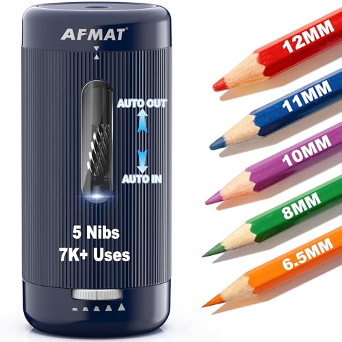 AFMAT Electric Pencil Sharpener, Auto in & Out, 5 Nibs, 7K+ Uses, Fully Automatic Classroom Pencil Sharpener, Rechargeable Hands-Free Sharpeners for Jumbo/Colored Pencils (φ6.5-12mm) PSC3(Dark Blue) - color: Dark Blue
