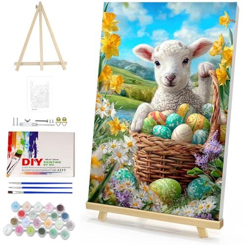MAXBYE Easter Eggs and Sheep Paint by Numbers Kit for Adults with Frame and Wooden Easel, Easy Painting Numbers Art Kits with Frame on Canvas, DIY Acrylic Painting Kit for Gift Home Wall Garden Decor - color: ZL007