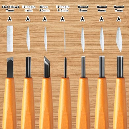 Lasnten 7 Pcs Wood Carving Tools Set Linoleum Hand Wood Knife Chisels Flat V-shaped Half Round Angled Gouge Carving Kit for DIY Linocut Printmaking Woodblock