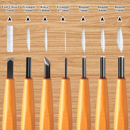 Lasnten 7 Pcs Wood Carving Tools Set Linoleum Hand Wood Knife Chisels Flat V-shaped Half Round Angled Gouge Carving Kit for DIY Linocut Printmaking Woodblock