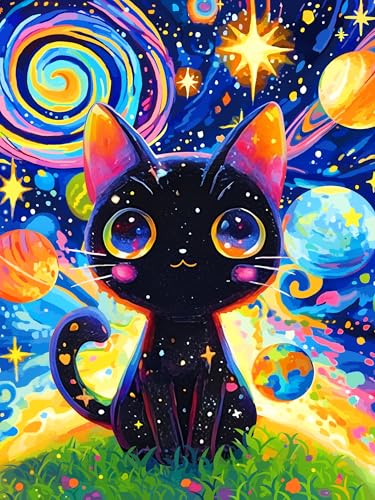 Yunnuo Black Cat Diamond Art Kits for Adults,Starry Night Diamond Painting Kit for Beginners,DIY 5D Animal Gem Art Painting,Perfect Choice for Home Decor and Gift(12x16inch) - color: D005-Planet cat 30x40cm