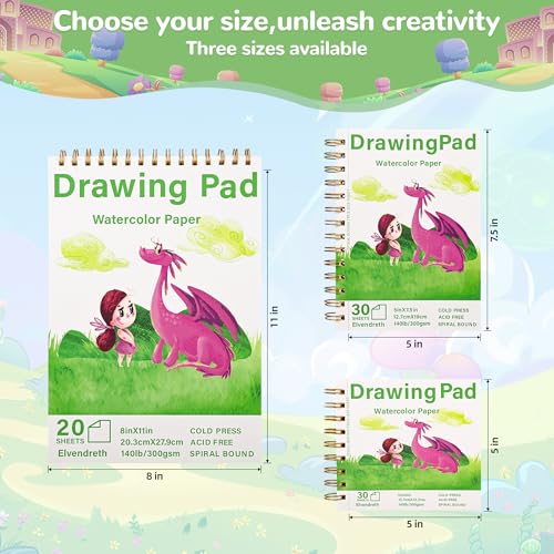 Elvendreth Drawing Paper Pad, 5x7.5 Inch, 140lb/300gsm No Bleed-Through Watercolor Paper, Spiral-Bound/Tear-Line, 30 Sheets for Adults, Kids, Artists -Watercolor Book, Exercises & Mixed Media