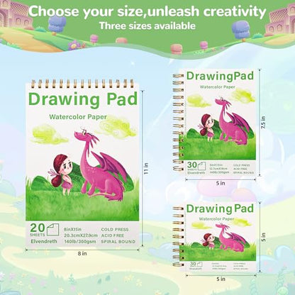Elvendreth Drawing Paper Pad, 5x7.5 Inch, 140lb/300gsm No Bleed-Through Watercolor Paper, Spiral-Bound/Tear-Line, 30 Sheets for Adults, Kids, Artists -Watercolor Book, Exercises & Mixed Media
