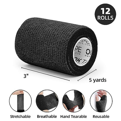 OK TAPE Self Adherent Cohesive Bandages Wrap 12Packs 3" x 5 Yards - color: Black, size: 3 In x 5 Yards