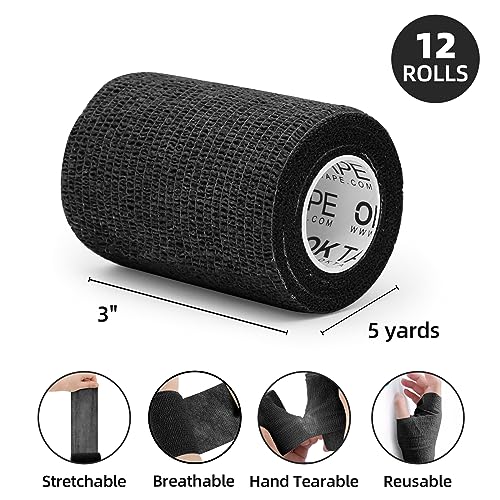 OK TAPE Self Adherent Cohesive Bandages Wrap 12Packs 3" x 5 Yards - color: Black, size: 3 In x 5 Yards