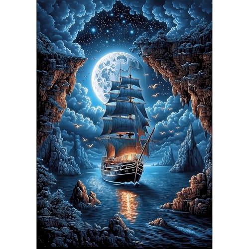 MAXBYE Diamond Art, Moonlit Sailing Ship 5D Diamond Painting for Adults & Kids, Full Drill DIY Gem Art Craft Kit, Relaxing Hobby Wall Decor for Home 12x16in - color: ZD057