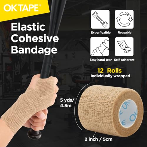 OK TAPE 12 Rolls Self Adhesive Bandage Wrap, Cohesive Elastic Athletic Tape - color: Beige, size: 2 Inch