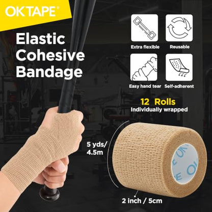 OK TAPE 12 Rolls Self Adhesive Bandage Wrap, Cohesive Elastic Athletic Tape - color: Beige, size: 2 Inch