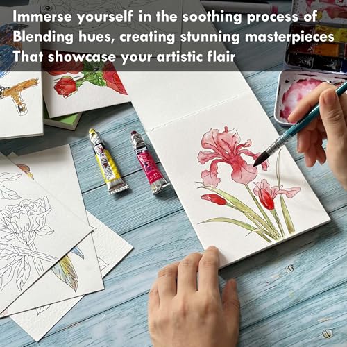tumuarta Watercolor Coloring Book, 20 Unique Floral Designs, 5x7”, 100% Cotton, 300GSM, 140 LB, 20 Sheets, Cold Press, Acid Free Watercolor Paper Sketchbook, Glue Bound Mixed Media Pad (Flowers)