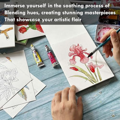 tumuarta Watercolor Coloring Book, 20 Unique Floral Designs, 5x7”, 100% Cotton, 300GSM, 140 LB, 20 Sheets, Cold Press, Acid Free Watercolor Paper Sketchbook, Glue Bound Mixed Media Pad (Flowers)