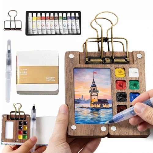Mini Watercolor Travel Set, 8 Grids | Mini Paint Palette Travel Kit, Pocket Artist Water Color, Wooden Paint Palette, For Painters, Artists, and Students
