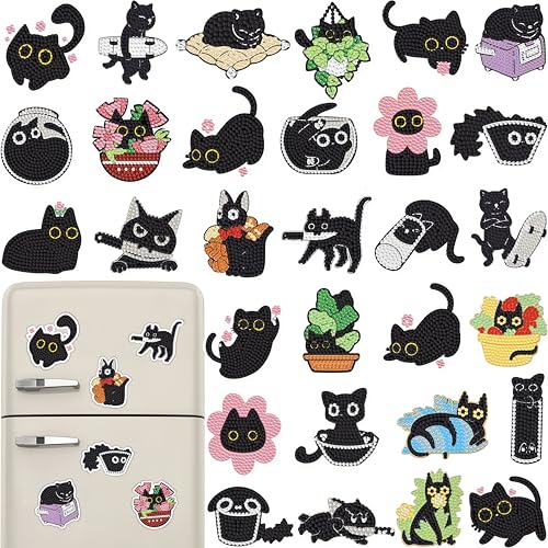 30 Pcs Black Cat Diamond Painting Magnets Kits Diamond Art Fridge Magnet Refrigerator Sticker Diamond Painting kit for Beginners Adults DIY Art Craft Gifts Home Decors - color: Black Cat