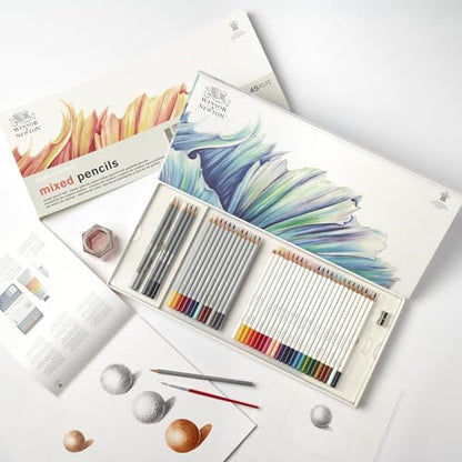 Winsor & Newton Studio Collection, Mixed Pencil Box Set, 45 piece | 24 Watercolor Pencils, 12 Color Pencils & 6 Graphite Pencils; Includes Watercolour Brush, Sharpener & Paper Pad - style: 45 Piece Mixed Pencil Set