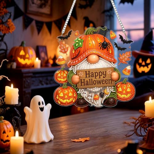 Genius maker Halloween Gnome Diamond Art Hanging Ornaments Kits for Adults, Fall Diamond Painting Pendant Kits, DIY Acrylic 5D Special Shaped Crystal Gem Art Painting Ornament for Home Decor 8x8 Inch - color: AS109