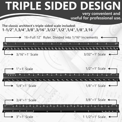 2-Piece Architectural Scale Ruler Set, 12-Inch Laser-Etched Aluminum Triangular Scale + Stainless Steel Straight Ruler, Inch/mm Conversion for Drafting, Blueprint Reading and Technical Drawing