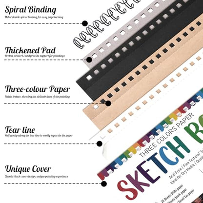 A5 Sketchbook Set with 24 Colored Pencils, 50 Sheets, Black | 160gsm Acid-Free Paper, Hardcover with Spiral Binding, Tear-Out Pages, for Sketching And Dry Media