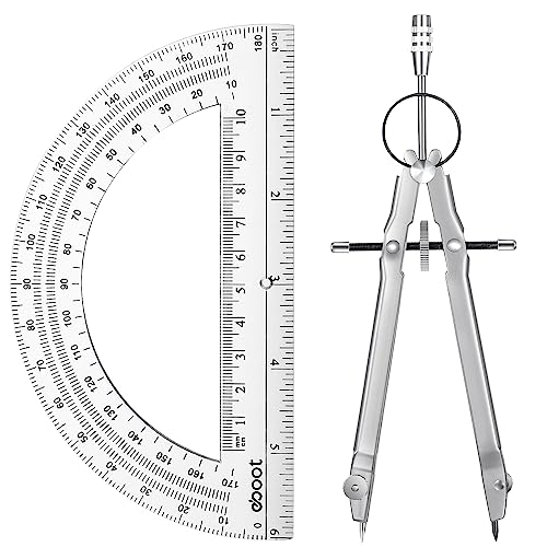 EBOOT Student Geometry Math Set, Metal Drawing Compass and 6 Inch Clear Swing Arm Protractors 180 Degree Math Protractor(Silver) - color: Silver