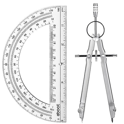 EBOOT Student Geometry Math Set, Metal Drawing Compass and 6 Inch Clear Swing Arm Protractors 180 Degree Math Protractor(Silver) - color: Silver