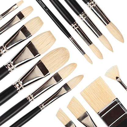 Falling in Art 15 Pcs Professional Oil Paint Brush Set, Natural Hog Bristle - color: Black