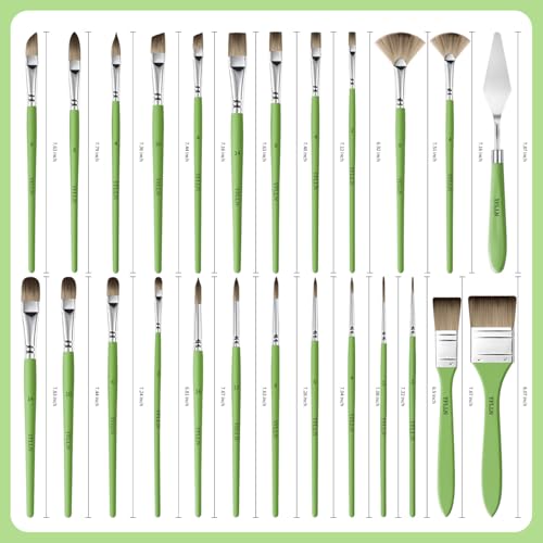 Paint Brushes Set of 25 Pieces Wooden Handles Brushes，Professional Artist Series with Filbert, Fan, Dagger, Cat Tongue, Round, Angle, Wide Flat Canvas Roll Bag & Palette Knife