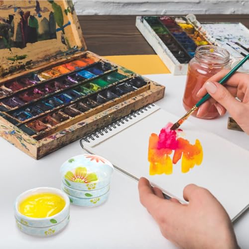 Yesland Ceramic Paint Palette, 5 Layers Stackable Mixing Trays Set, Round Porcelain Watercolor Palettes Sauce Dishes with Lid for Artist Gouache Pigment Chinese Watercolor Ink Mixing, Flower Pattern