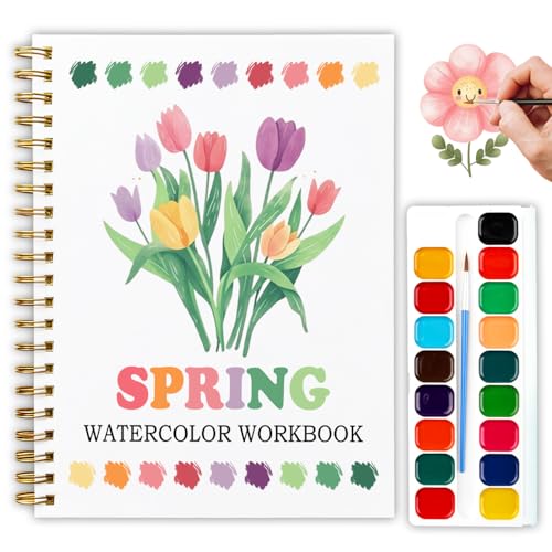 12 Patterns Spring Watercolor Book, DIY Floral Painting Workbook for Beginners, Relaxing Art Gift for Women and Adults, Stress Relief Water Coloring Activities, Spring Theme Paint Set - color: Green-Spring