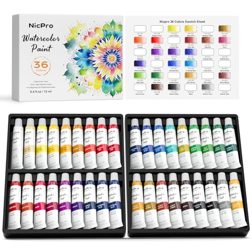 Nicpro Watercolor Paint Set for Adults, 36 Colors Watercolor Paint Tube | 12ml/0.4oz Tube, High Pigment Travel Water Color Painting Supplies for Artists Beginners, Color Wheel & Swatch Cards Included - color: 36 Colors