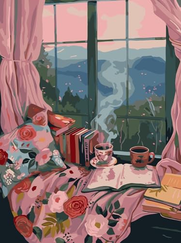 CSZPPQAF Paint by Numbers for Adults Beginner, Cozy Reading Books Paint by Number Kits on Canvas DIY Book Oil Painting Watercolor Color by Numbers for Book Lover Wall Decor 12X16inch - color: PB193-1