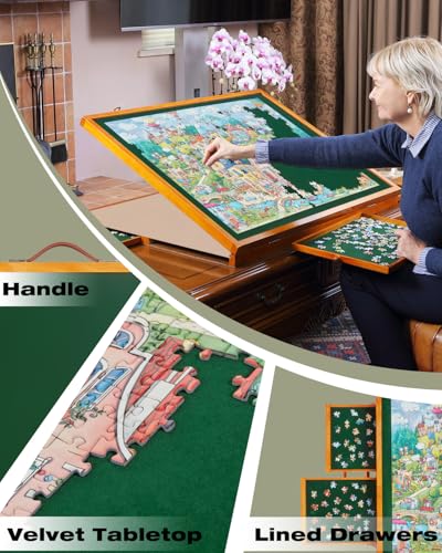 1500 Piece Wooden Jigsaw Puzzle Table with Drawers and Cover, Adjustable Puzzle Board with Foldable Legs, Portable Tilted Puzzle Easel for Adults, Velvet-Lined Tabletop and Drawers, Heavy Duty - size: 1500 Piece