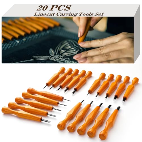 20 Pcs Linocut Carving Tools Set Triangular Flat Slanted Half-round Linocut Tools Carving Knife Chisel Kits for Woodworking Printmaking DIY Stamp Sculpture Beginner Sculpture