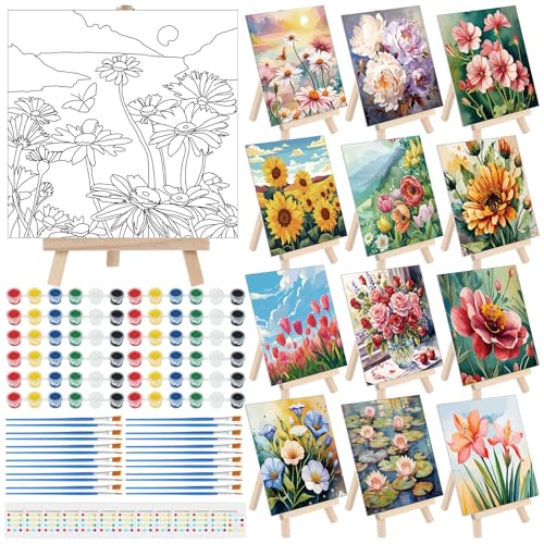Tenceur 12 Sets Pre Drawn Canvas to Paint Adult Stretched Coloring Painting Canvas Panels with Design Easel and Brushes for Party Supplies Beginner Favor(Flower) - style: Flower