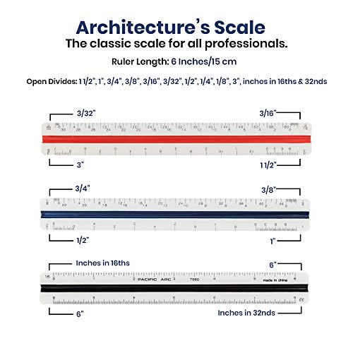 Pacific Arc Architectural Scale Ruler, 6" Scale Ruler for Architectural Designs, Engineering, or Drafting