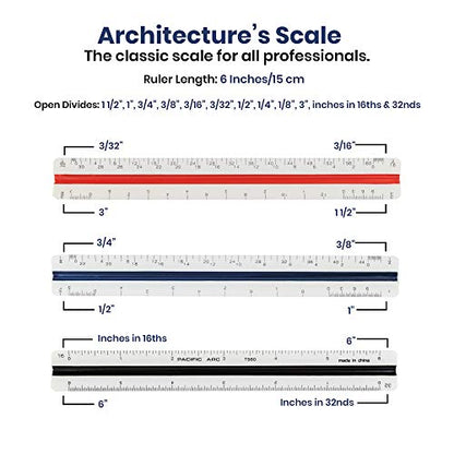 Pacific Arc Architectural Scale Ruler, 6" Scale Ruler for Architectural Designs, Engineering, or Drafting