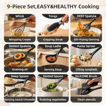 Kitchen Utensils Set,9 PCS Silicone Cooking Utensils Set Spatula Set,Non Toxic Cooking Utensils,Tongs,Spoon,Whisk,Brush,BPA Free Kitchen Gadgets for Non-Stick Cookware,Home Essential(Black-9P) - color: Black
