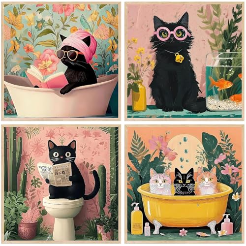 4 Pack Black Cat Diamond Art Kits for Adults Diamond Painting Kit Beginner | Bathroom Animal 5D Funny DIY Diamond Dots Full Drill Crafts for Gem Art Dot Art for Adults Home Wall Decor for Teens 12x12 in - color: DP03629