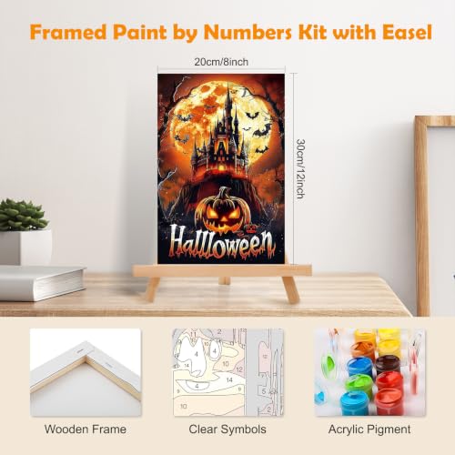 MOGTAA Halloween Paint by Numbers Kit for Adults Beginners with Frame, Castle Adult Paint by Number Kits on Canvas with Easel, Easy DIY Pumpkin Oil Painting Kits for Home Decor, 8x12in - color: Castle