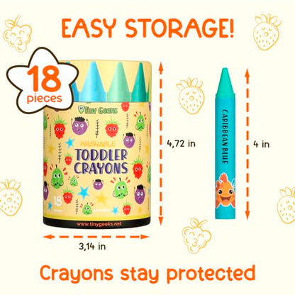 TinyGeeks Jumbo Crayons (18 Colors) – Non-Toxic, Washable Crayons for Toddlers and Kids (Ages 1-8) – Easy-to-Hold - Ideal for Travel, Art, and Learning