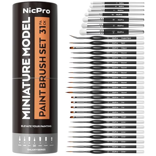 Nicpro Miniature Paint Brushes Drybrush - 31PCS Model Paint Brush Set | for Acrylic Oil Watercolor, Detail Paint Brush Dry Brush for Model, Miniature Painting, Paint by Numbers - with Container - style: 31 Pack (Detail+Drybrush)