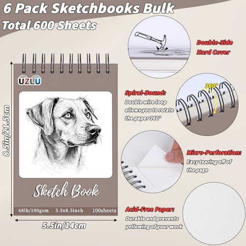 UZLU 6 Pcs Sketch Book Bulk 5.5 x 8.5 in 600 Sheets Top Spiral Bound Sketch Pad Drawing Paper 100 Sheets Each Acid Free Mixed Media Sketchbook 68lb/100gsm Art Supplies for Beginner Artist - size: 5.5x8.5in