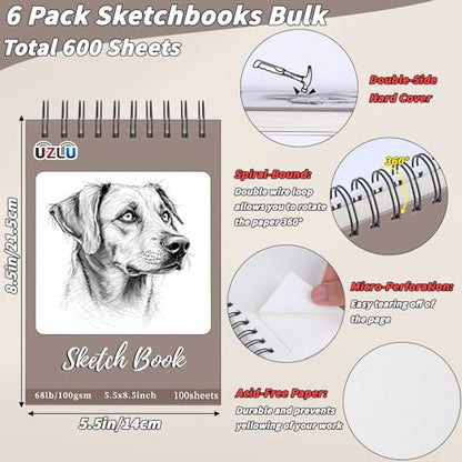 UZLU 6 Pcs Sketch Book Bulk 5.5 x 8.5 in 600 Sheets Top Spiral Bound Sketch Pad Drawing Paper 100 Sheets Each Acid Free Mixed Media Sketchbook 68lb/100gsm Art Supplies for Beginner Artist - size: 5.5x8.5in