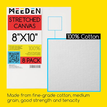 MEEDEN Stretched Canvas, 8 × 10 Inch, Pack of 8, Blank White Canvases for Painting, 100% Cotton, 9 oz Gesso-Primed, Pre-Stretched Canvas for Acrylic Oil Pouring & Airbrushing Painting - size: 8''x10''- 8 Pack