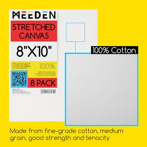 MEEDEN Stretched Canvas, 8 × 10 Inch, Pack of 8, Blank White Canvases for Painting, 100% Cotton, 9 oz Gesso-Primed, Pre-Stretched Canvas for Acrylic Oil Pouring & Airbrushing Painting - size: 8''x10''- 8 Pack