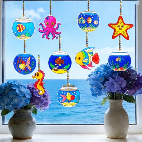 Ayhuhra 30 Set Fishbowl Suncatcher Craft Kits, Sea Animal Fish Tank Art | Under the sea crafts for summer parties, beach decor, ocean themes, aquatic art projects, and sunny window displays - style: Fishbowl
