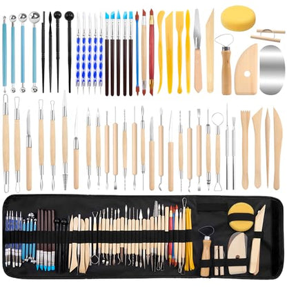 Pottery Clay Sculpting Tools Set, 61 Pcs | Double-sided ergonomic trimming tools with hardened rustproof metal heads and carrying case for beginners and students.
